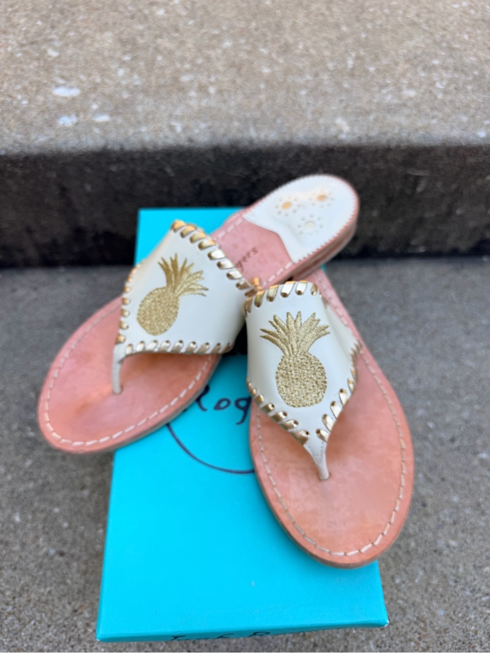 Jack Rogers White Leather Pineapple Thong Sandals with Gold Embroidery